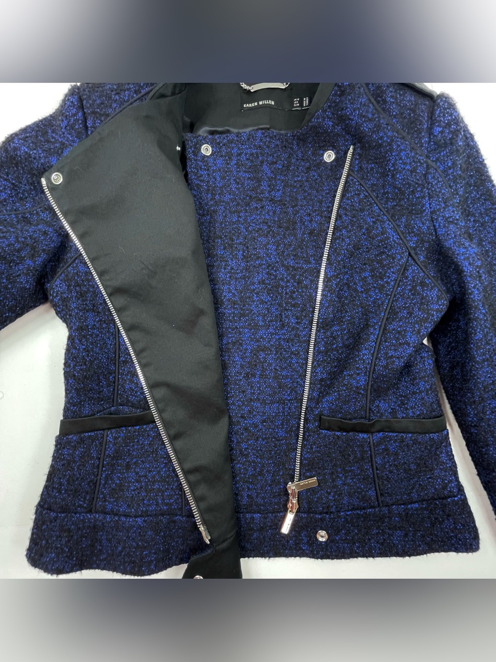KAREN MILLEN Women's Blue Black Tweed Zipper Jacket Blazer Lined Size 6 - Picture 3 of 9
